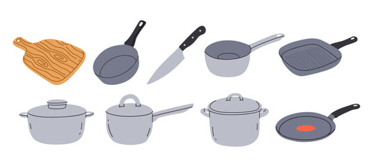set of kitchen utensils. pots and pans