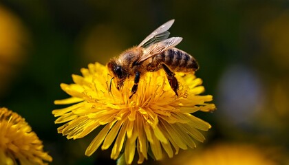 A honeybee collecting nectar from a bright yellow dandelion, with visible pollen grains, highlighting the beauty of nature and pollination.
