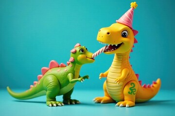 Naklejka premium Happy yellow dinosaur munching birthday cake on blue , adorable, illustration, prehistoric
