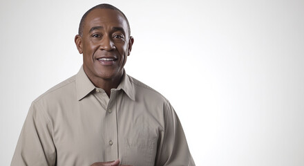 Fototapeta premium Smiling African American Man in Beige Shirt Holding a Badge, Forest Background with Log