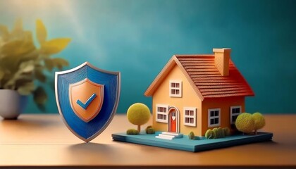 A colorful shield symbolizes security next to a model house, representing home protection and safety in a cozy environment.