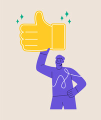 Man with award thumbs up sign. Like and positive feedback concept. Colorful vector illustration