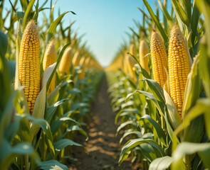 A furrow with a rich crop of corn with many ripe yellow ears of corn
