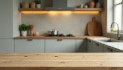 Clean empty tabletop; blurred kitchen background, wood, display