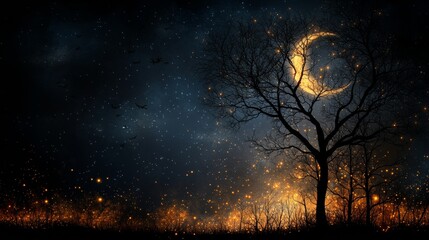 Fototapeta premium A Nighttime Fantasy: An Enchanting Tree Silhouette Beneath a Majestic Full Moon with Abstract Patterns