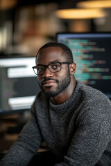 Obraz premium Focused African American Man Coding on Multiple Screens in a Modern Workspace Setting
