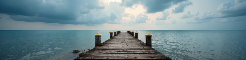 Obraz premium Rustic wooden pier stretches towards a dramatic, overcast sky above the grey sea , coastal, dark, wood