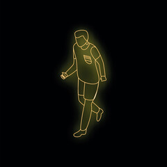 Neon outline of a soccer player walking on a black background
