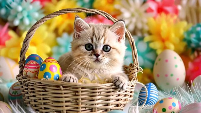 Cute cat in easter basket. Spring mood. Spring flowers
