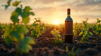 Wine Bottle in Vineyard at Sunset
