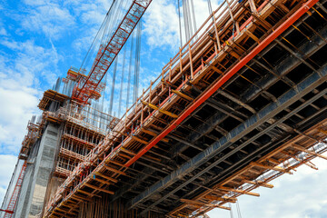 Bridge construction with cranes and scaffolding under a blue sky