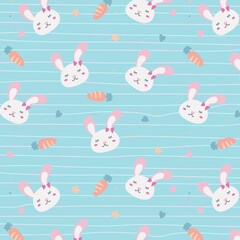 Seamless pattern with bunny rabbit cartoons, cute flower and carrot on stripped background. Rabbit face icon sign vector.