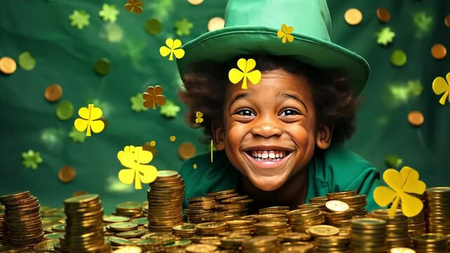 Funny afro american boy in green leprechaun hat among golden coins