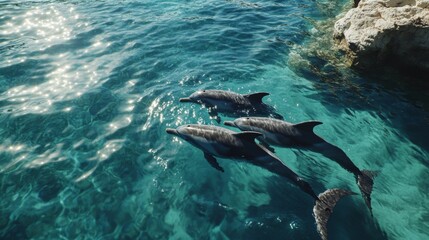 Fototapeta premium Pod of Dolphins Swimming in Crystal-Clear Ocean Waters