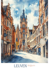 Obraz premium Watercolor Leuven Belgium travel poster illustration print decor canvas wall art gift