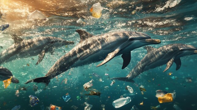 Dolphins Swimming in Polluted Waters Near Floating Plastic Waste