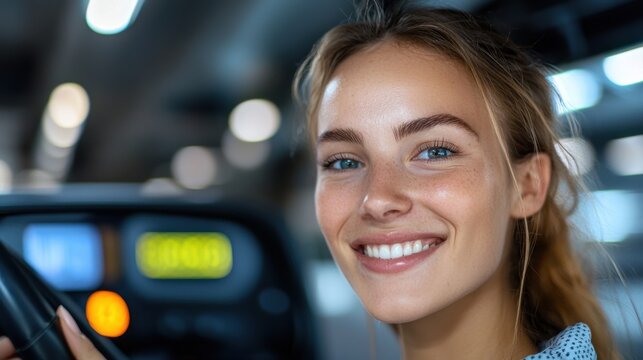 A side angle view of a young smiling woman confidently making a payment with her wallet at a digital payment terminal in a modern urban setting  The image conveys a sense of convenience efficiency