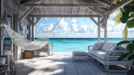 Fototapeta premium A cozy beachside bungalow with white wooden furniture, soft cushions, and a hammock swaying in the breeze. The turquoise ocean and clear skies stretch into the horizon, evoking peace and tranquility.