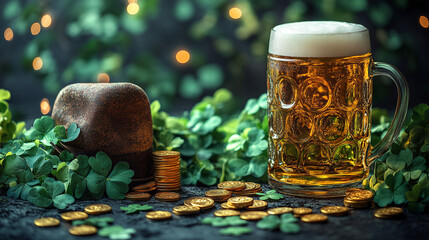 Celebrate St. Patrick's Day with a festive display of green clovers, golden coins, and refreshing lager
