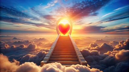 Fototapeta premium A Stairway to Heaven's Gate, Adorned with a Radiant Heart at Sunrise