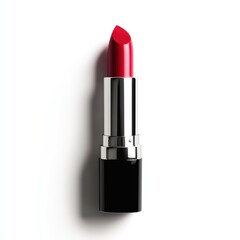 A sleek lipstick with a polished tube and vibrant color tip, isolated on a clean white background