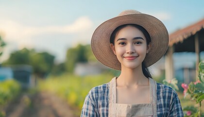 Fototapeta premium Smiling young woman wearing hat standing in a field