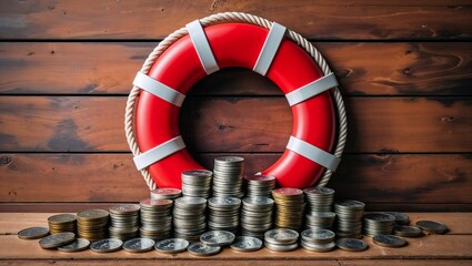 A bright red float or life belt, decorated with stacks of shiny coins, rests against a warm, distressed wood background, providing ample copy space.