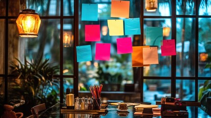 A creative workspace with colorful sticky notes arranged on a glass wall, symbolizing brainstorming ideas