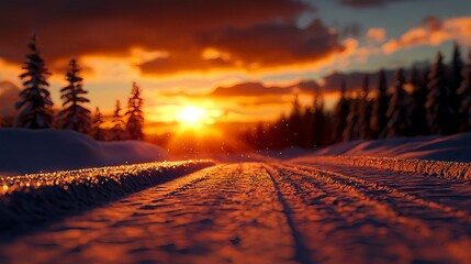 Winter Sunset Landscape with Snow Covered Path
