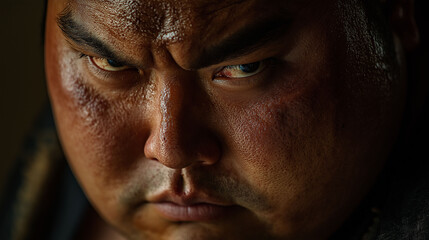 Fototapeta premium Close-up of sumo fighter’s intense gaze, high-detail skin texture, soft rim lighting, modern portrait photography