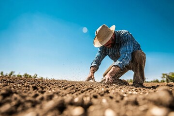 Farmer spreading seeds across a fertile field under a clear blue sky during daytime in rural agriculture. Generative AI