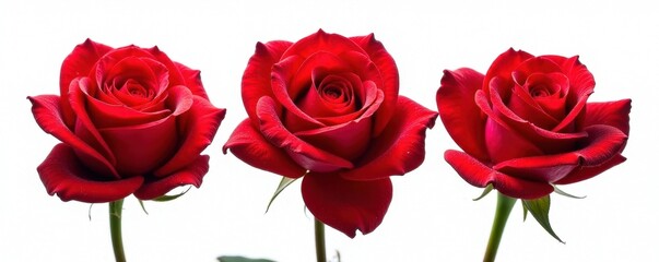 Fototapeta premium Three vibrant red roses, glistening with dew drops, isolated on pure white background , petals, asset, romantic