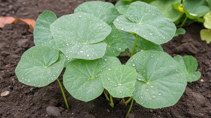 Dew Covered Nasturtium Leaves Growing In Soil