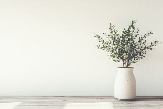 Minimalist vase with greenery on a wooden surface against a white wall