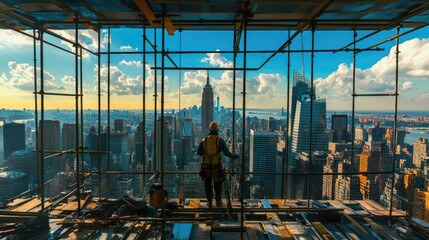 Construction Worker Views City Skyline From High Rise Building