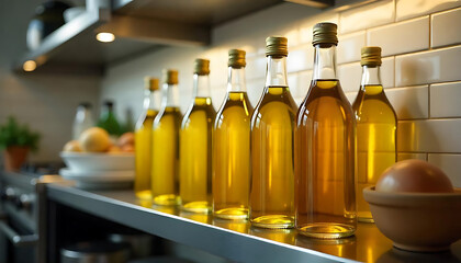 a bunch of bottles of oil sitting on top of a shelf, cooking oil, Production of vegetable oil, created with generative ai