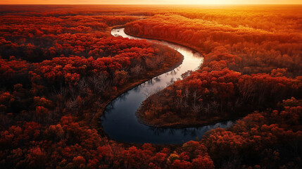 Golden light illuminates winding river through an autumn forest, evoking sense of peace and serenity in tranquil scene
