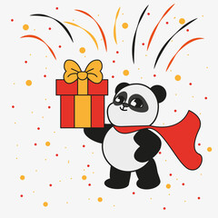 Panda in red cape holding gift isolated fireworks and confetti on background for design, illustration, web design, 