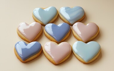 Heart-shaped cookies with icing for Saint Valentines Day and 8 March International Womens Day on a pastel beige background