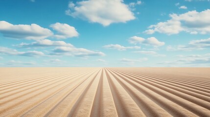 Fototapeta premium Rows of freshly plowed soil ready for planting under a bright blue sky with fluffy clouds. Generative AI
