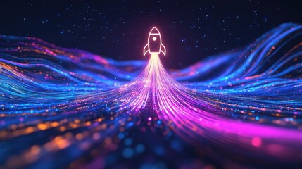 A neon glowing rocket icon surrounded by abstract light trails, symbolizing rapid startup growth