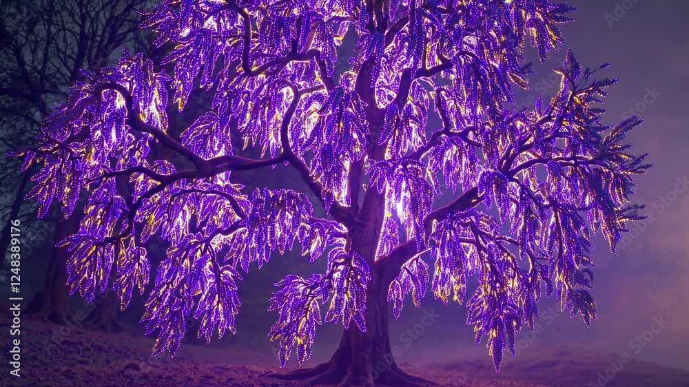 Poster a surreal tree with vibrant purple and golden textured clusters glowing in soft sunlight, swaying to