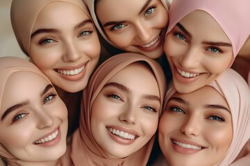 Obraz premium A group of six women wearing hijabs, all smiling and displaying joyful expressions in a close-up portrait. Concept Diverse Friendship, Joyful Expressions, Close-Up Portrait, Cultural Celebration
