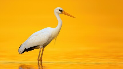 Obraz premium White stork standing in shallow water at dawn with yellow background