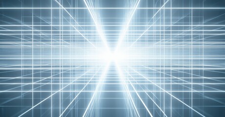 Thin intersecting beams of white light form a luminous grid, creating a futuristic and dynamic structure. The beams radiate from a central point, giving a sense of energy