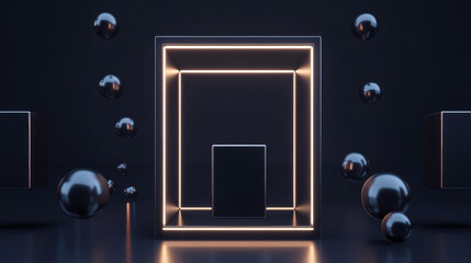 dark abstract concrete cube geometric shape cube elements with led lights 3d render illustration. 3D Illustration