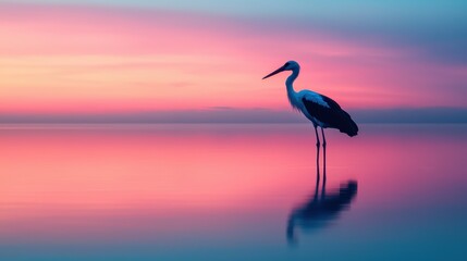 Stork standing in shallow water at dawn with pink and blue reflection