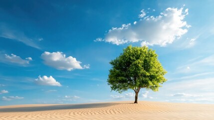 A lone solitary tree stands tall and proud in the midst of a vast golden desert landscape  The arid barren dunes stretch out endlessly with a clear blue sky overhead dotted with fluffy white clouds