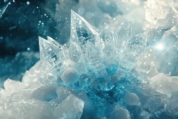 A cluster of sharp, translucent ice crystals emerges from a bed of frosted ice, glistening in ethereal light.