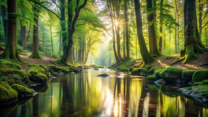 Serene forest stream reflecting sunlight through lush green trees with mossy banks